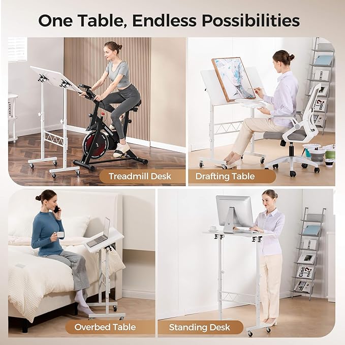 COMHOMA Small Standing Desk Adjustable Height &amp Tiltable Tabletop Mobile Stand Up Desk for Laptop Portable Computer Table for Home Office Work and Walking Pad Treadmill Height 30.7-46.4 Whit