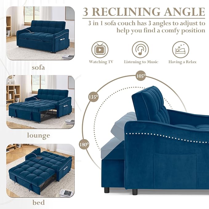 Sleeper Sofa Couch with Type C USB Port 3 in 1 Modern Comfy Velvet Convertible Loveseat Sofa w/Pull Out Bed Curved Armrest for Small Space Livingroom Apartment Office Blue