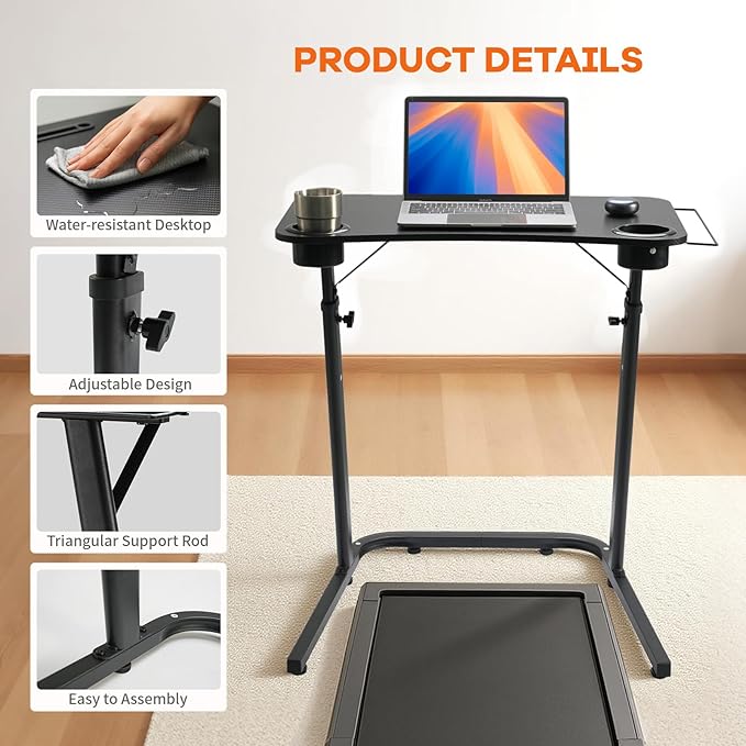 Treadmill Desk Small Standing Desk for Walking Pad 30-47 Inch Adjustable Height Walking Pad Stand for Treadmill Portable Standing Table for Bike and Home Office Work - Black