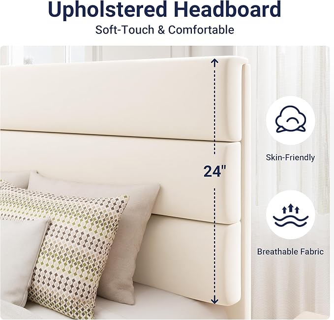Allewie Full Size Platform Bed Frame with Velvet Upholstered Headboard and Wooden Slats Support Fully Upholstered Mattress Foundation/No Box Spring Needed/Easy Assembly Cream