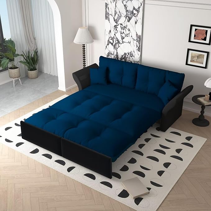 3-in-1 Folding Convertible Sleeper Tufted Couch with 2 Soft Pillows 74.8 Queen Pull Out Sofa Bed Multi-Functional Velvet Loveseat Bed Blue