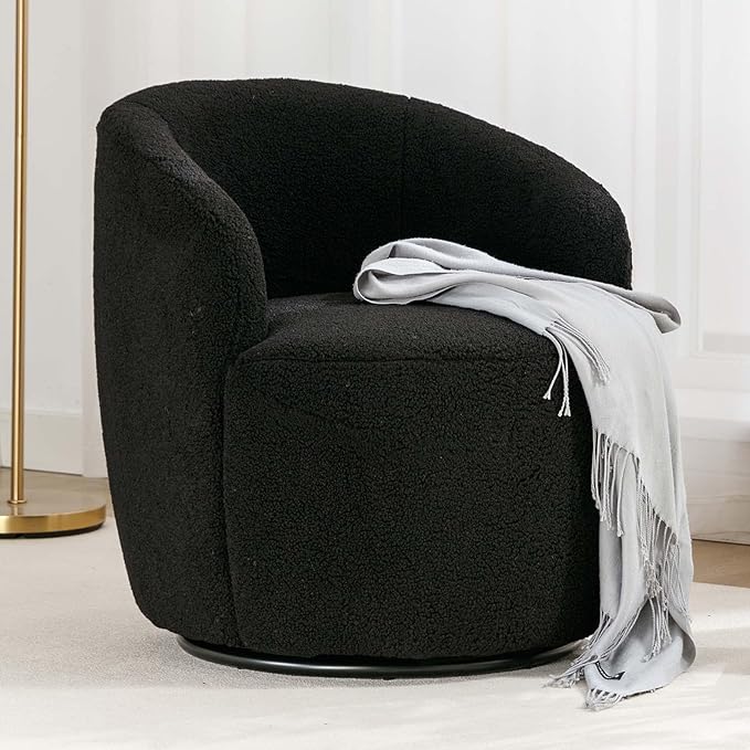 Swivel Barrel Chair with Foam FilledSwivel Accent ChairComfy Backrest Teddy Round Swivel Chair for Living Room (Black)