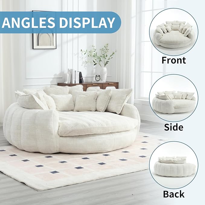 81 Oversized Round Sofa Bed Large Chenille Bean Bag Chair No Assembly Required Cloud Couch Fluffy Plush Chaise Lounge Chair Indoor Modern Sleeper Sofa with Deep Seat for Living Room (Beige)