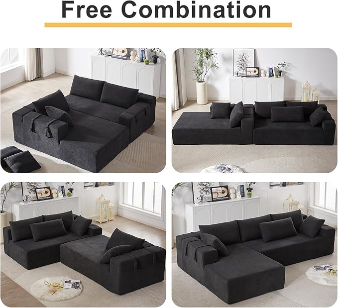 108 Modular Sectional Couch Sofa with L-Shape Chaise &amp 6 Pillows Modern Cloud Comfy Sofa with Deep Seat Upholstered Couches for Living Room Bedroom No Assembly Required (Black)
