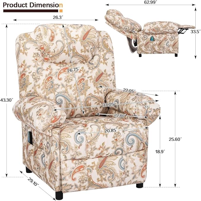 Manual Recliner Chair Massage Chair Recliners with Heat Pushback Recliners for Living Room Small Recliner Chairs for Small Spaces Fabric Overstuffed Single Sofa with Vibration Home TheaterFloral