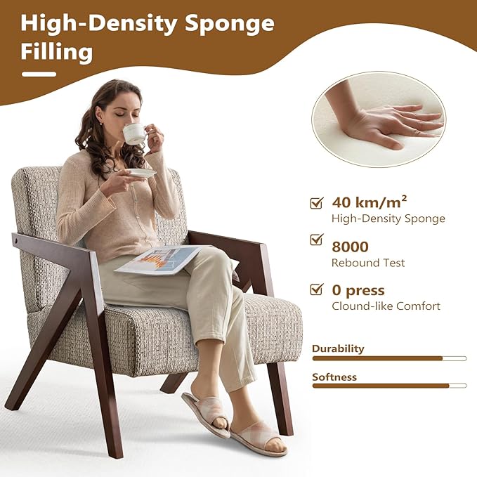 Bonzy Home Mid-Century Modern Accent Chair with Solid Wood Frame Upholstered Armchair for Bedroom &amp Living RoomReading Side Chair with Soft Lien Fabric CushionEasy Assembly