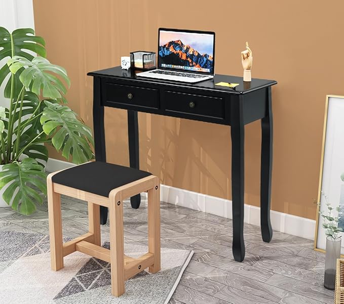 Byroce Small Writing Desk with Removable Hutch 2-Tier Vanity Table with 4 Drawers 3 Cubbies &amp Pine Wood Legs Study Computer Desk for Bedroom Home Office (Black)