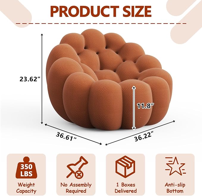 36 Oversized Bubble Chair Upholstered Mesh Fabric Bubble Sofa Couch &amp Floor Lounge Chair with 3D Honeycomb Design for Living Room Office Apartment Small Space - No Assembly Required (Orange)