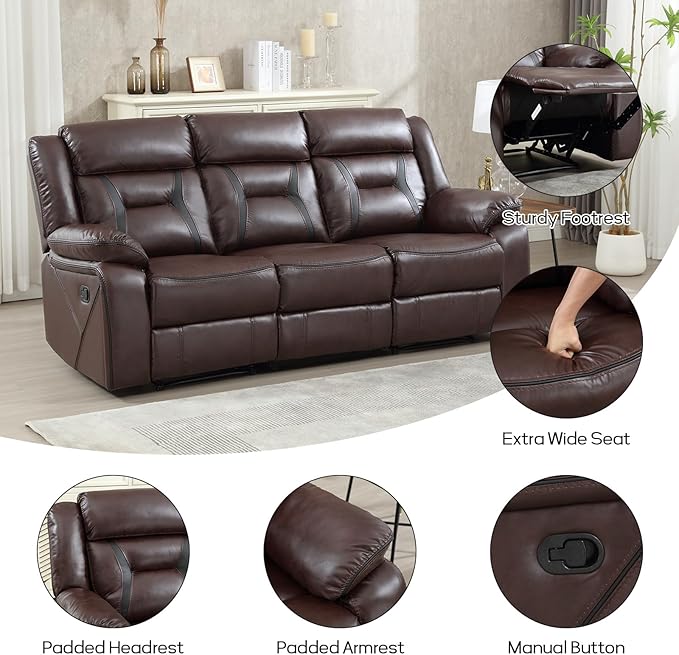 EBELLO Faux Leather Manual Reclining Sofa 3 Seat Recliner Sofa Chair Couch Furniture for Living Room Furniture Meeting Room Dark Brown (3 Seat Sofa)