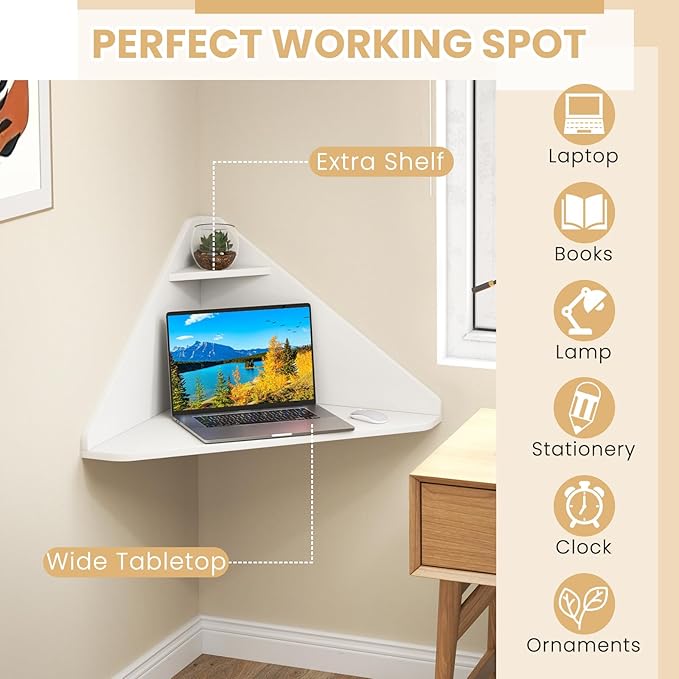 Giantex Corner Floating Desk Wall Mounted Computer Desk with Storage Shelf Space-Saving Writing Desk Triangle Laptop Desk for Living Room Study Bedroom Home Office &amp Small Spaces (White)