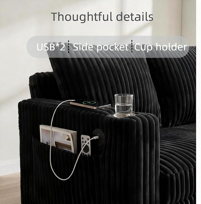 Dreamzie 53 Pull Out Couch 3 in 1 Convertible Sleeper Sofa Bed Corduroy Fabric Double Loveset with Pull Out Bed USB Port Side Pockets and Cup Holders for Living Room and Apartment Black
