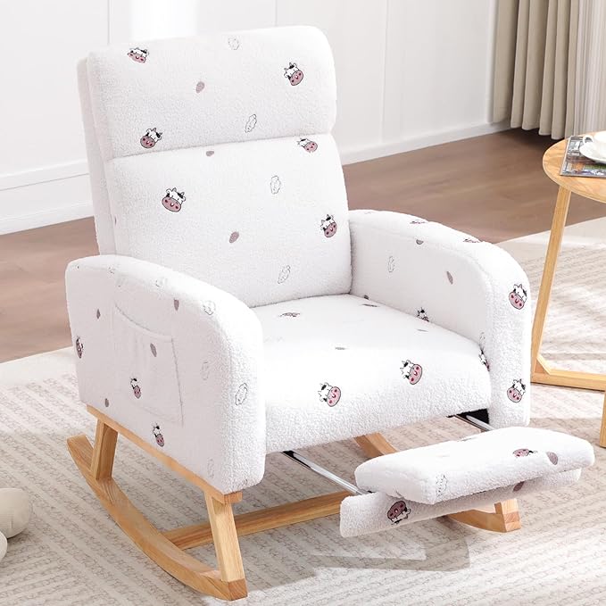 Rocking Chair Nursery with Foot Rest Nursing Rocking Chairs for Mom Breastfeeding Teddy Rocker Glider Chair with High Backrest for Living Room Bedroom Cow Printed White