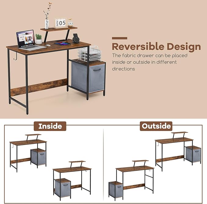 Giantex Computer Desk with Drawer and Power Outlet Home Office Desk with Reversible Storage Drawer &amp Raised Shelf Computer Workstation with Hook Industrial Study Writing Desk for Study Bedroom