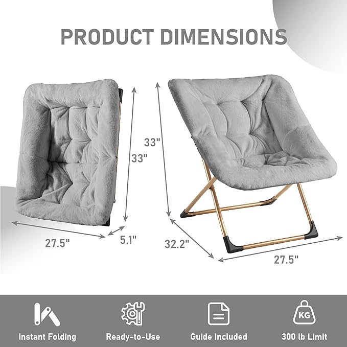 Comfy Oversized Saucer Chair Soft Faux Fur Reading Lounge Chair for Adults Stable X-Large Metal Frame and Non-Slip Pad Foldable Cozy Chairs for Bedroom Living Room Dorm Light Gray