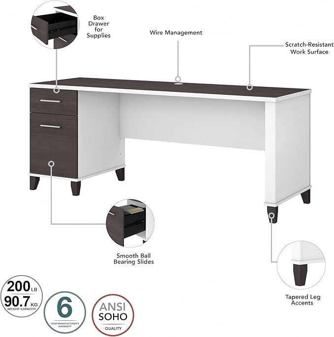 Bush Home 72-inch Home Office Desk with Drawers Large Computer Table for Personal Workspace Somerset Collection White and Storm Gray