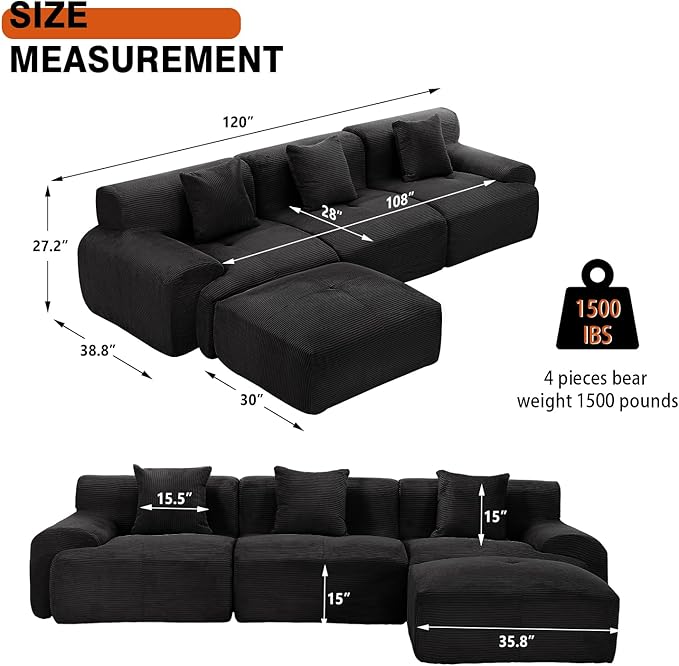 120 Modular Boneless Couch Cloud Couch Sectional Couches for Living Room with Ottoman Modern L-Shaped Modular Sectional Sofa with Deep Seat Corduroy 3-Seater Sleeper Sofas for Living Room (Black)
