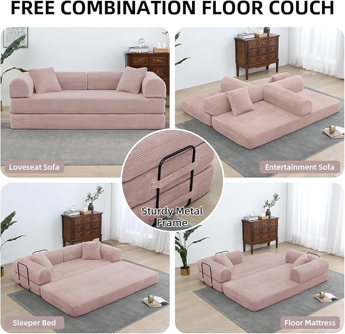Convertible Folding Sofa BedFold Out Floor Sofa Couch with Fixed-Shape FrameCorduroy Foldable Mattress Cloud Couch for Living Room Bedroom (Pink 78 Inch)