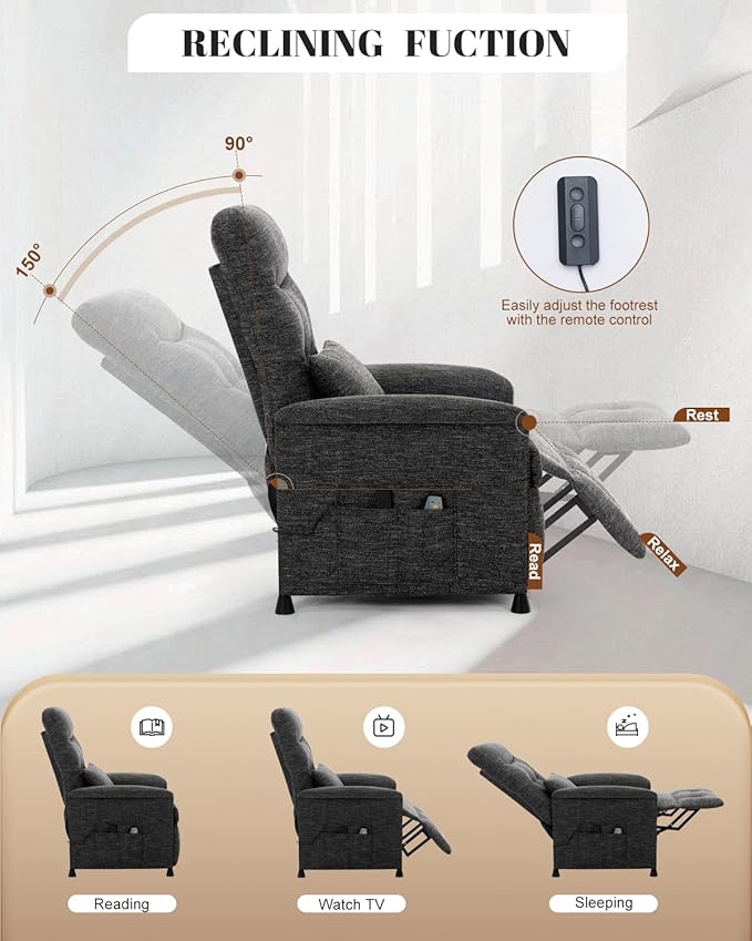 Recliner Chair for Adults Lazy Recliner Ergonomic Adjustable Single Sofa Enhanced with Side Pocket Tall Back Wide Arms &amp Padded Seat (Black Without Massage and Heating)