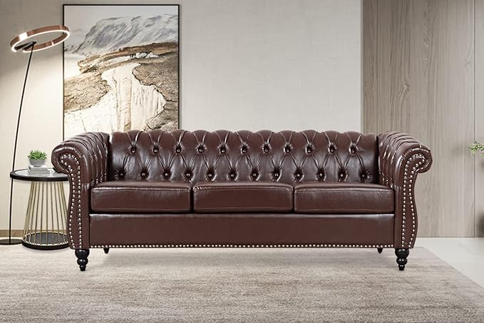 Brown Faux Leather Couch for Living Room Comfy Deep-Seated Chesterfield 3-Seater Sofa for Bedroom Office or Apartment. Luxury Classic Sofa Furniture Tool-Free Assembly.