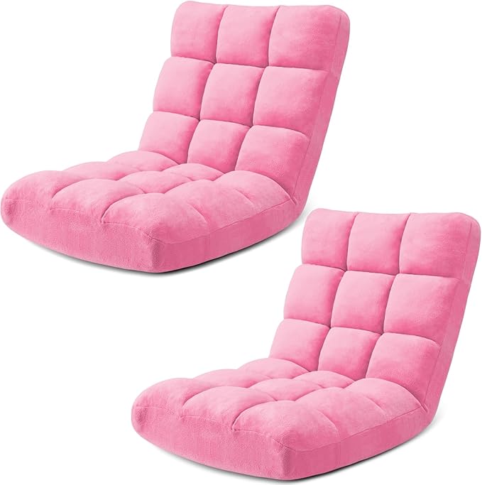 Folding Floor Gaming Chair 14-Poistion Adjustable Floor Lazy Sofa Chair 2 Pack w/Breathable Cotton &amp Skin-Friendly Coral Velve for Adults &amp Kids Perfect for Reading Gaming Meditating Pink