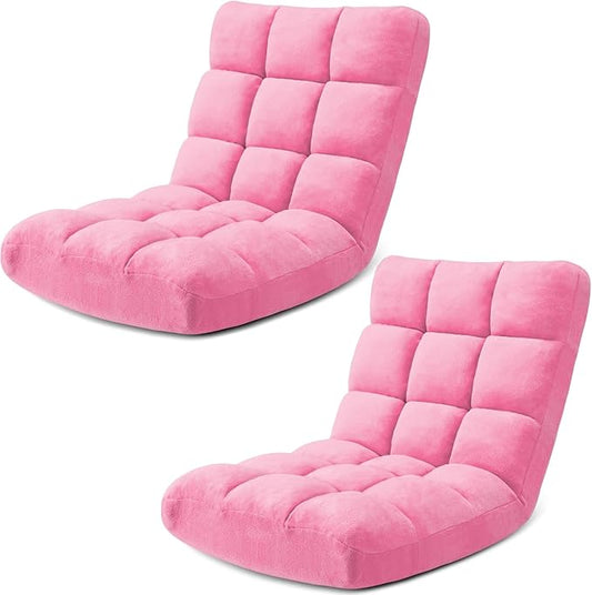 Folding Floor Gaming Chair 14-Poistion Adjustable Floor Lazy Sofa Chair 2 Pack w/Breathable Cotton &amp Skin-Friendly Coral Velve for Adults &amp Kids Perfect for Reading Gaming Meditating Pink