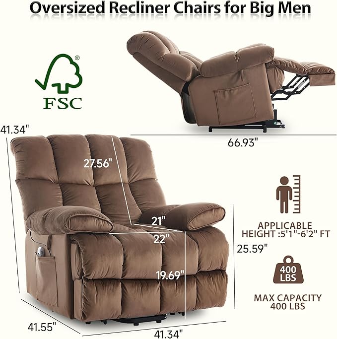 Power Lift Recliner for Elderly with Heat and Massage Electric Velvet Lift Recliner Chair with Side Pockets and USB Charge Port for Bedroom Living Room and Nursing Home Brown