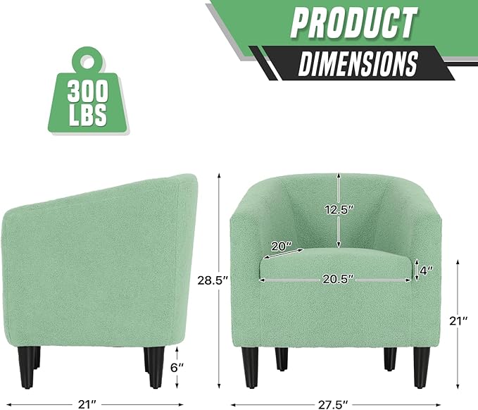 Modern Barrel Chair Furry Sherpa Accent Chair with Wood Legs Elegant Upholstered Armchair Single Sofa Chair for Bedroom Living Room Office Green