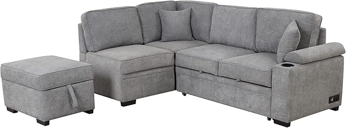 Flieks 87.4 Sleeper Sofa Bed2 in 1 Pull Out Sofa Bed L Shape Couch with Storage Ottoman for Living RoomBedroom Couch and Small ApartmentGray