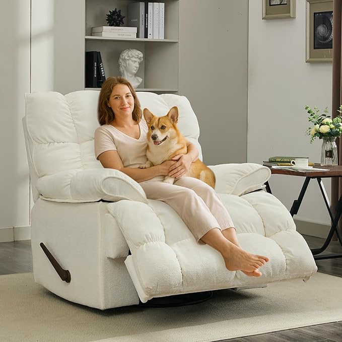 Oversized Rocker Recliner Chair for AdultsOverstuffed 360° Swivel Rocking Recliner Extra Wide Breathable Fabric Manual Reclining Single Sofa for Living Room (White)