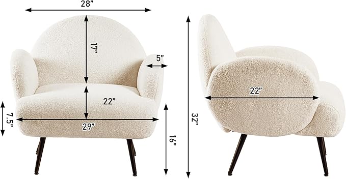Accent Chair White with Black Metal LegsReading Chair for Bedroom Comfy Boucle Sherpa Chair for Living Room Bedroom