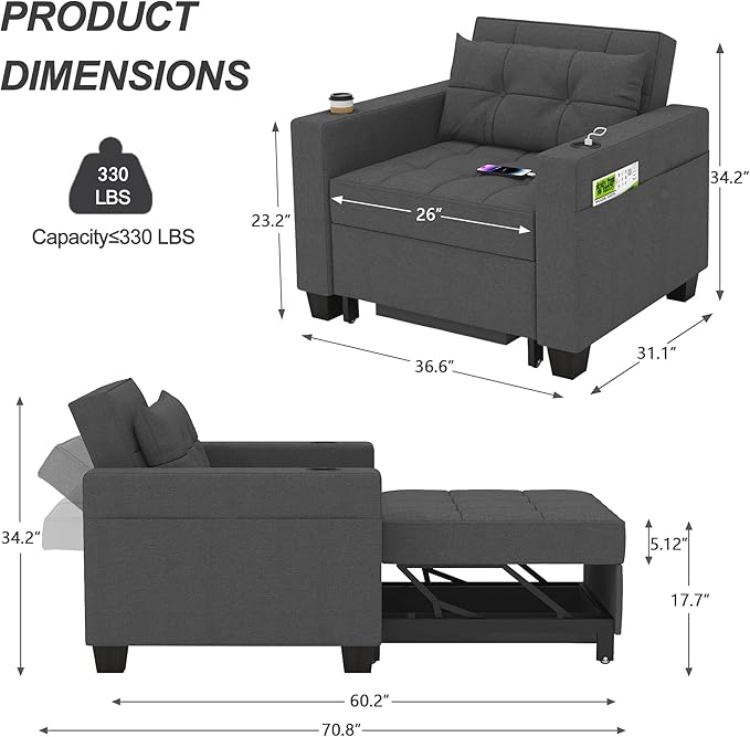 DURASPACE 36.6 Inch Sleeper Chair 3-in-1 Convertible Chair Bed Pull Out Sleeper Beds Adjustable Single Armchair Sofa with USB Ports Side Pocket Cup Holder (Dark Gray Linen)