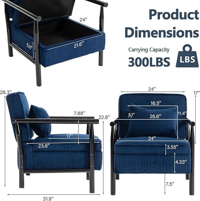 Blue Accent Chair with Storage 24 W Mid Century Modern Chair with Cushion Upholstered Corduroy Reading Chair with Wooden Legs Comfy Arm Chairs for Living Room Bedroom (Blue)