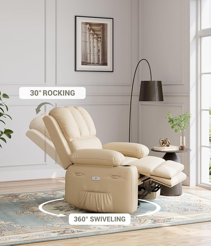 Oversized Electric Recliner Chair for Adults Swivel Rocker Recliner with Massage and Heat Pu Leather Single Sofa with Cup Holder and Side Pocket for Living Room Bedroom Creamy