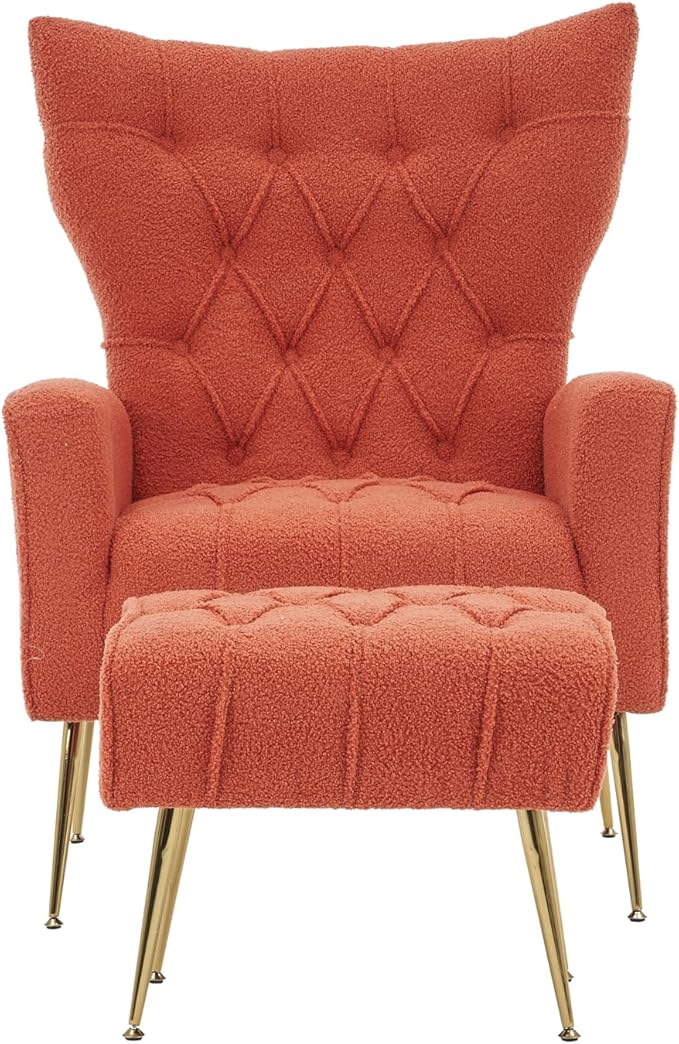 Modern Accent Chair with Ottoman Comfy Armchair for Living Room Bedroom Apartment Office (Brick red)