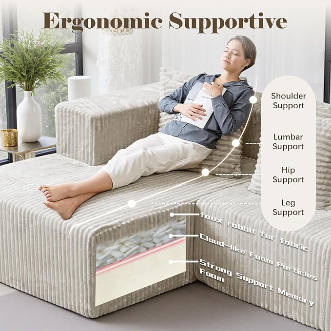 130'' U Shaped Couched for Living Room Cloud Modular Sectional Couch with 2 Chaise Lounge Modern Minimalist Upholstered Sofa Sleeper Deep Seat Corner Couch No Assembly Required Beige