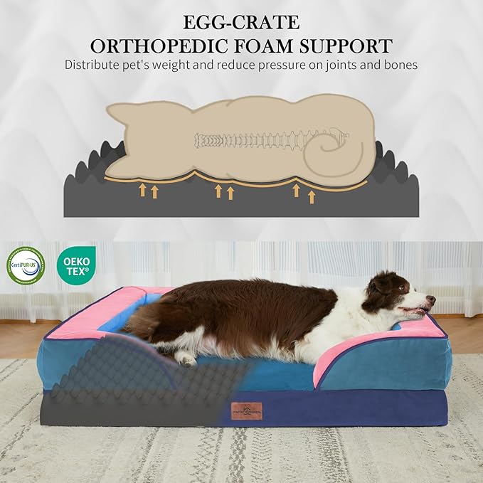 Comfort Expression Orthopedic Dog Bed for Extra Large Dogs 45x35 Inch Waterproof Egg Crate Foam XL Pet Bed with Removable Bolsters Dog Couch with Washable Cover &amp Non-Slip Bottom Enchanted Cove