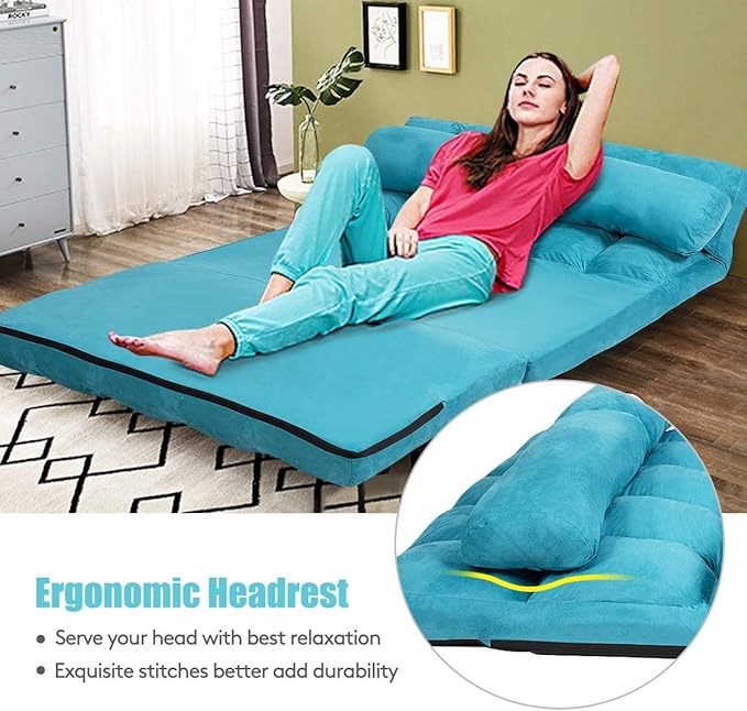 S AFSTAR Safstar Floor Folding Couch and Futon Sofa 6-Position Fabric Sleeper Sofa Bed with 2 Pillows and Sponge Filling Adjustable Lazy Sofa for Living Room and Bedroom (Blue)