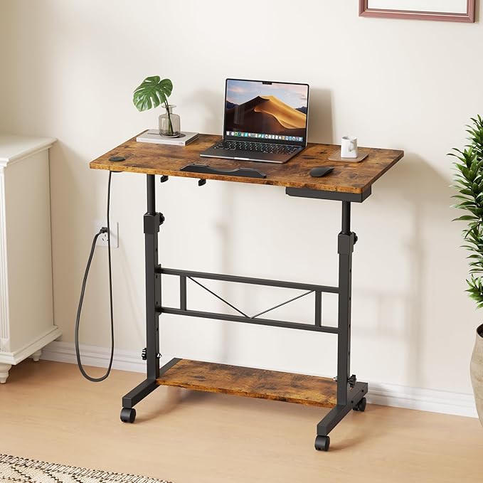 Portable Rolling Standing Desk 32 Inch Adjustable Height Mobile Stand Up Desks with Wheels Small Computer Desks Rolling Desk for Bedroom Walking Pad Teacher Podium Couch Sofa Side Table Rustic