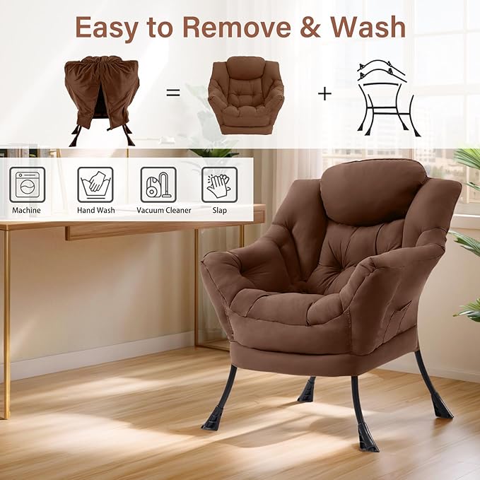 Lazy Chair for Living Room Modern Accent Chairs with Armrests Dark Brown Armchairs with Side Pocket Cozy Lazy Sofa for Reading Balcony Bedroom Dorm Small Spaces