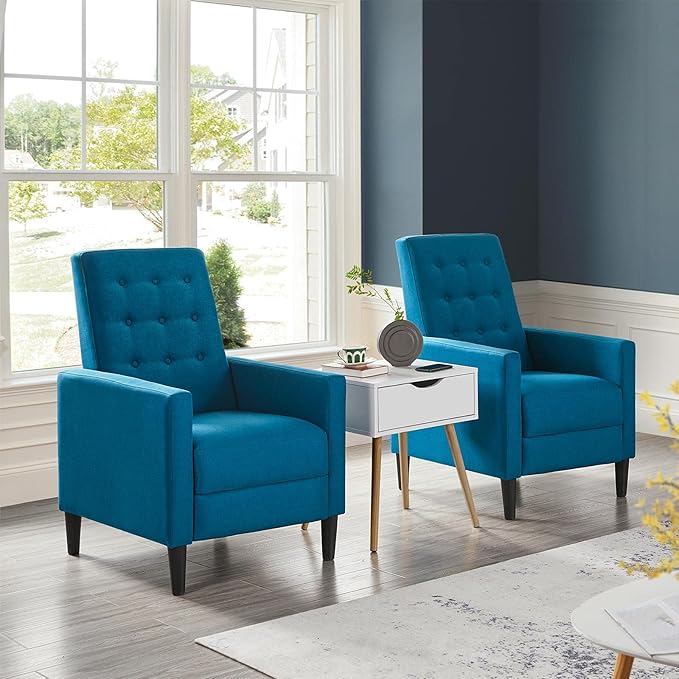 Topeakmart Mid-Century Modern Fabric Recliner Modern Tufted Reclining Single Sofa for Living Room Padded Cushion Home Theater Seat Blue