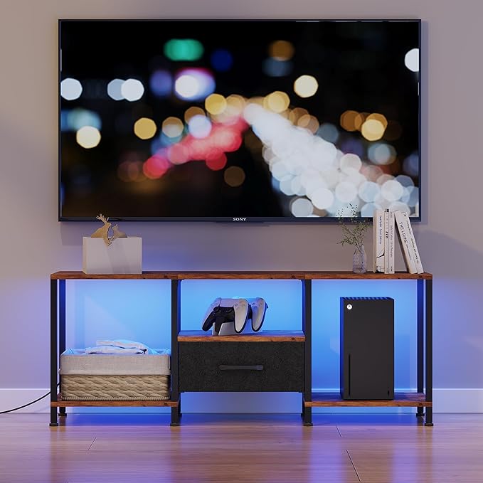 TV Stand with LED Lights Entertainment Center with Open Shelves and Fabric Drawer Media Console for 55 Inch TV Television Stands Living Room Furniture Bedroom Rustic Brown