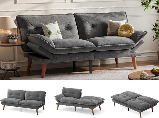 LINSY HOME Futon Sofa Bed 70 Futon Couch with Adjustable Backrest and Armrest Comfy Loveseat Convertible Folding Sleeper Sofa Couches for Small Spaces Living Rooms Apartment Office Grey