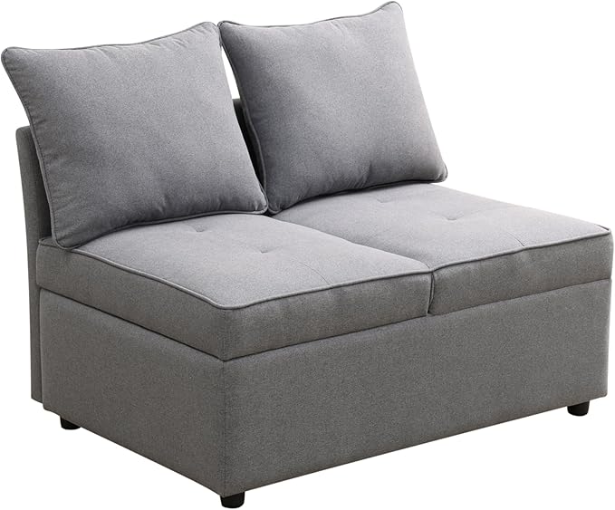 Convertible Ottoman Sofa with Storage Modern Sackcloth Futon Couch with 2 Pillows Adjustable Backrest Recliner Folding Loveseat for Living Room Apartment Dorm OfficeGrey