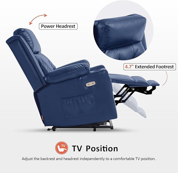 MCombo Large Triple Motor Power Lift Recliner Chair with Massage and Heat for Elderly People Adjustable Headrest Infinite Position USB Ports Faux Leather 7662 (Blue Large)