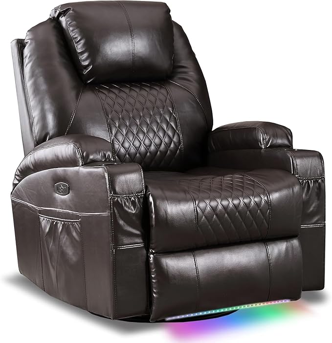 Power Swivel Rocker Recliner Chair with Vibration Massage 270° Swivel &amp LED Lights Electric Glider Reclining Sofa USB A/C Ports &amp Storage Pocket for Living Room (1 Brown)