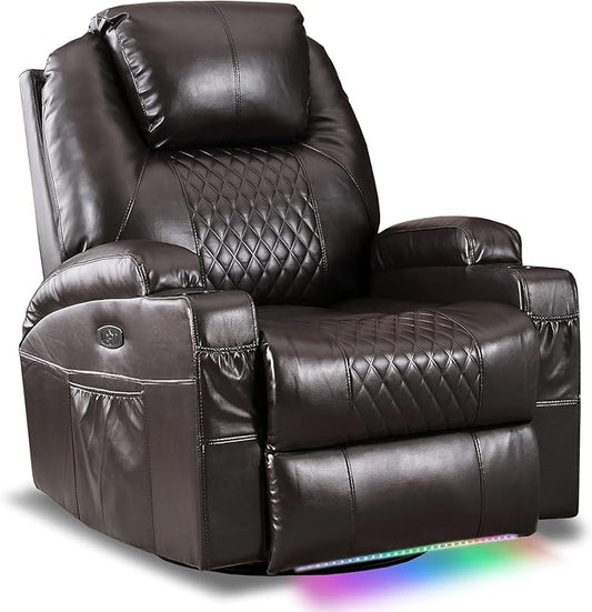 Power Swivel Rocker Recliner Chair with Vibration Massage 270° Swivel &amp LED Lights Electric Glider Reclining Sofa USB A/C Ports &amp Storage Pocket for Living Room (1 Brown)