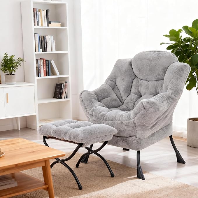 Welnow Lazy Chair with Ottoman Modern Accent Chair with Armrests and a Side Pocket Leisure Sofa Armchair Reading Armchair with Footrest for Small Space Plush Grey