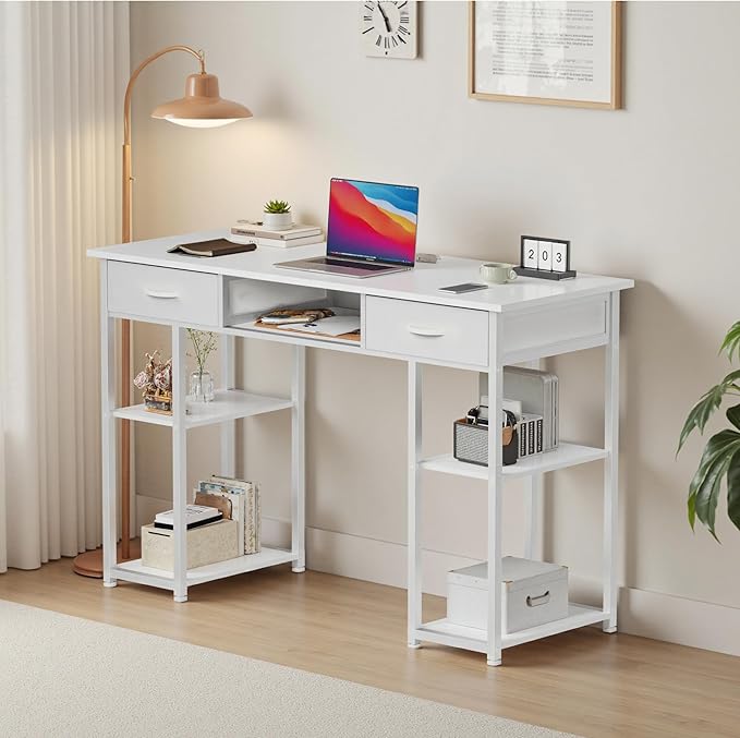 OLIXIS Desk with Storage Fabric Drawers-48 Inch Home Office Computer Desk for Small Space BedroomModern Study Work Gaming Writing Table PC DesksChic White