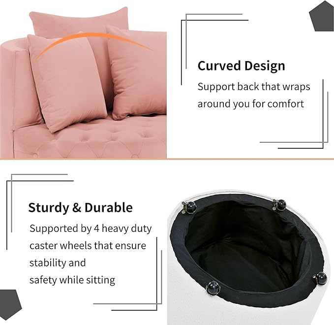 GNIXUU Swivel Barrel Accent Chair 30” Modern Velvet Round Sofa Chair with 3 Pillows and Wheels Comfy Tufted Club Lounge Chair for Living Room Bedroom(Pink).