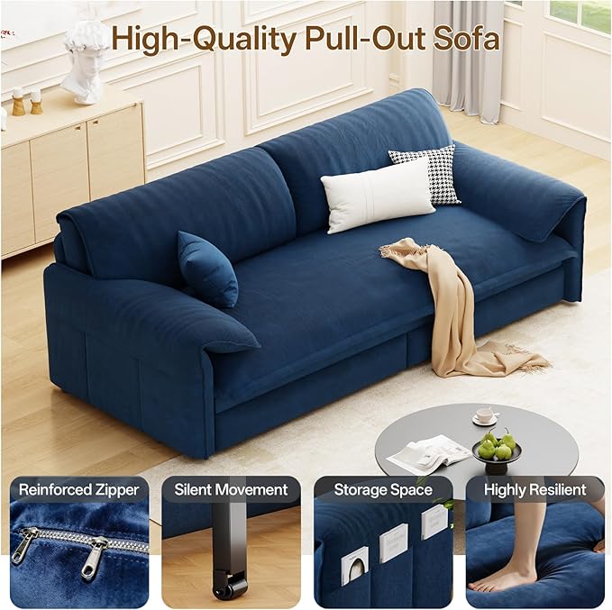 66 Queen Pull Out Couch BedVelvet 3-in-1 Queen-Size Sleeper SofaConvertible Pull-Out Sofa Bed with Side PocketsSleeper Loveseat for Living RoomApartment Offices (Blue)